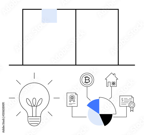 Light bulb symbolizes ideas, linked with pie chart, cryptocurrency, home property, certificates to convey innovation, planning, investment, or strategy concepts. Ideal for business finance real