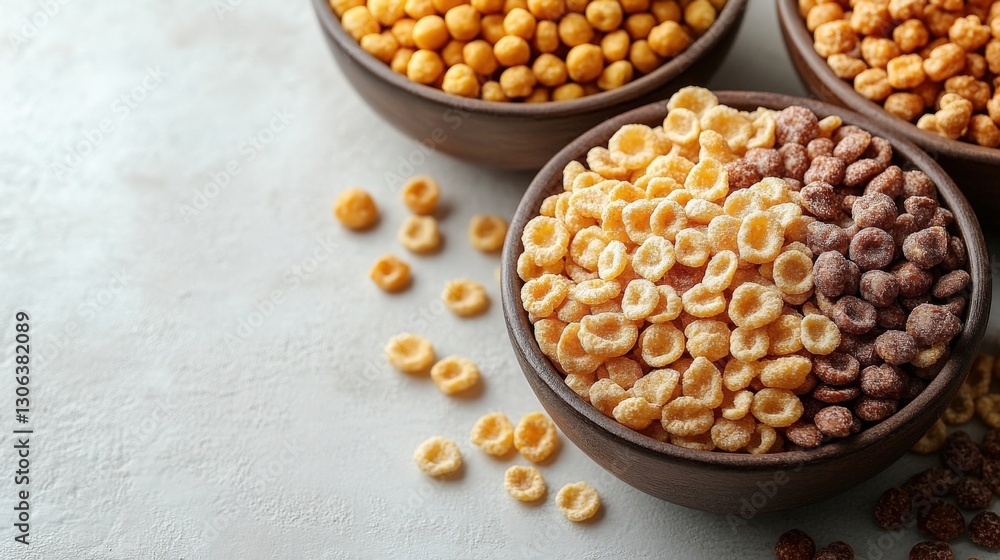 Three Bowls of Colorful Cereal on a Gray Surface
