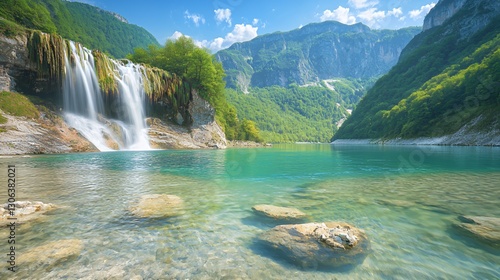 Serene Waterfall cascading into a Crystal Clear Mountain Lake