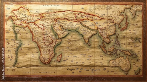 Ancient persian map of asia illustrating trade routes and geographic details