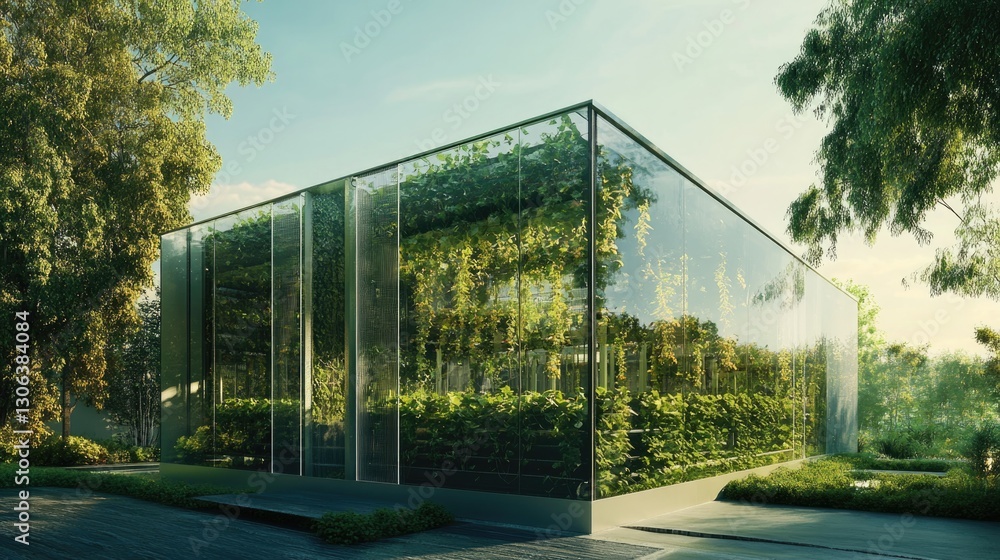 A Modern Glass Building Filled With Lush Green Cultivated Crops A Modern Glass Building Filled With Lush Green Cultivated Crops