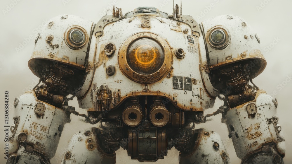 A weathered and detailed mechanical robot stands facing forward A weathered and detailed mechanical robot stands facing forward
