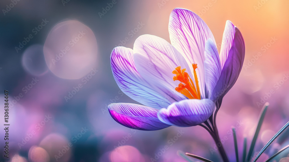 Vibrant purple crocus flower blooming in warm sunlight with intricate petal details
Vibrant purple crocus flower blooming in warm sunlight with intricate petal details
