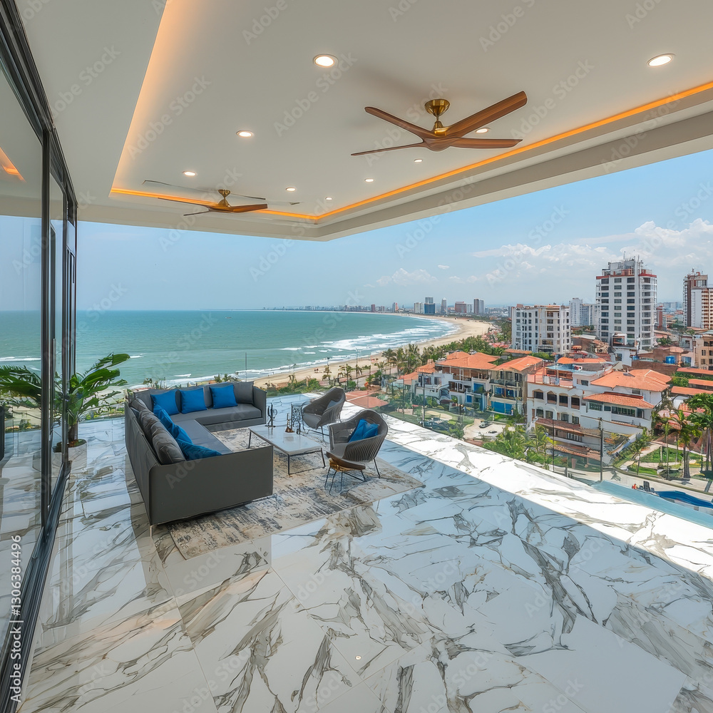 Fototapeta premium Oceanfront luxury terrace with modern seating, enjoying panoramic coastal city views