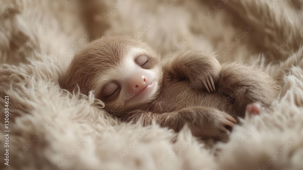 Adorable baby sloth sleeping comfortably on soft beige blanket Adorable baby sloth sleeping comfortably on soft beige blanket