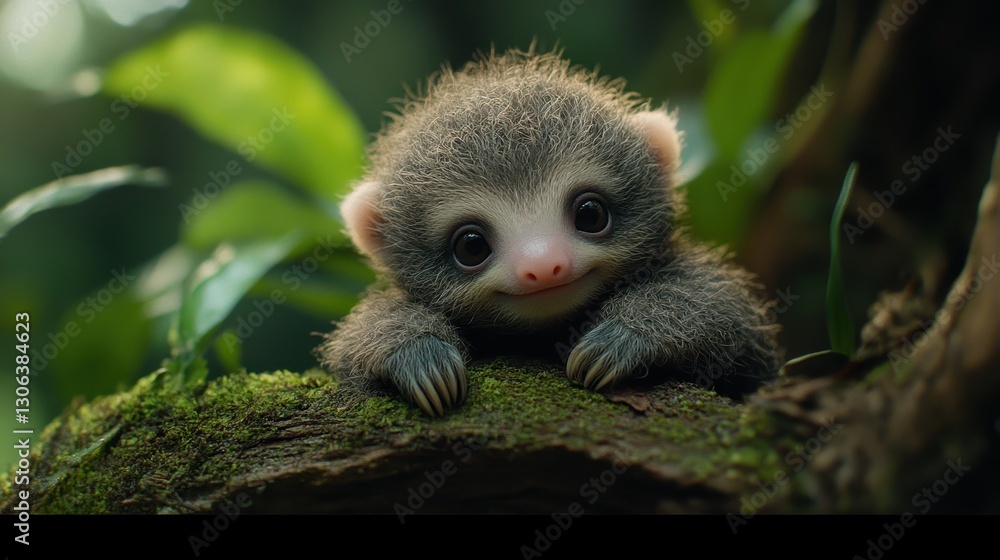 Fototapeta premium Adorable baby creature with fluffy ears in lush forest