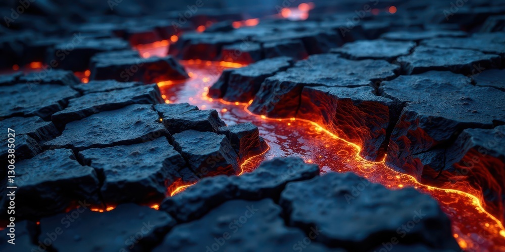 Molten Flow Through Cracked Earth A Fiery Stream of Lava Between Dark Rocks Molten Flow Through Cracked Earth A Fiery Stream of Lava Between Dark Rocks
