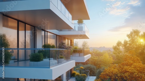 Modern apartments with spacious balconies amidst lush greenery at sunset