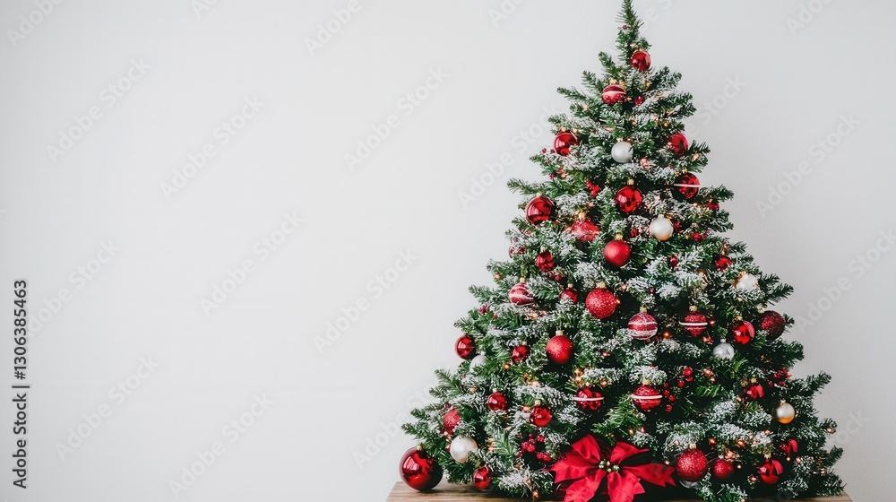 Festive Christmas Tree with Red Ornaments and Bow Decorations Festive Christmas Tree with Red Ornaments and Bow Decorations
