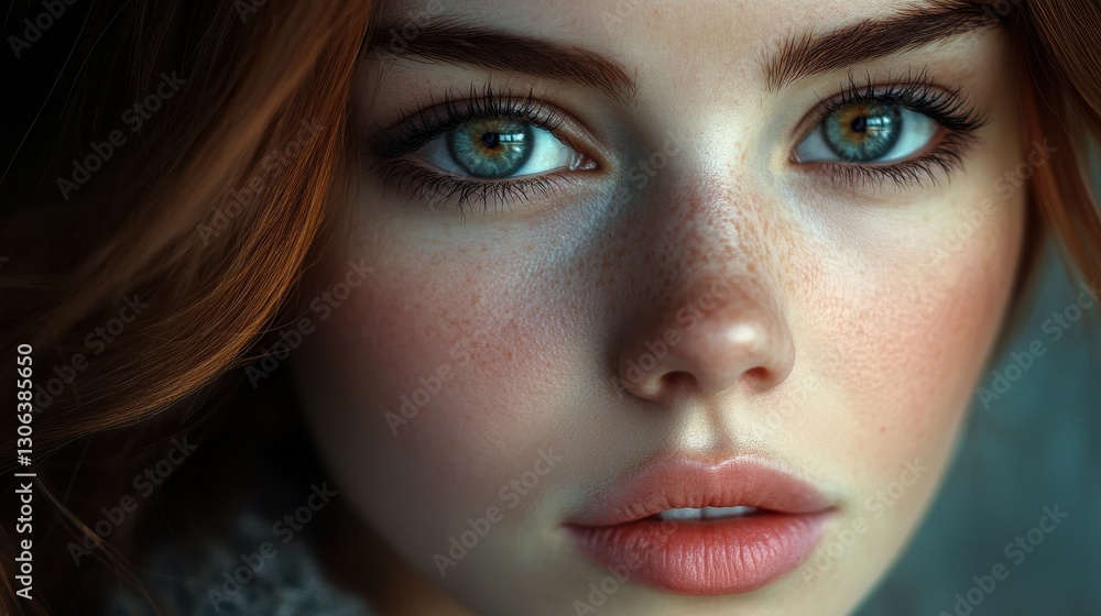 Fototapeta premium Close-up portrait of young caucasian female with red hair and freckles