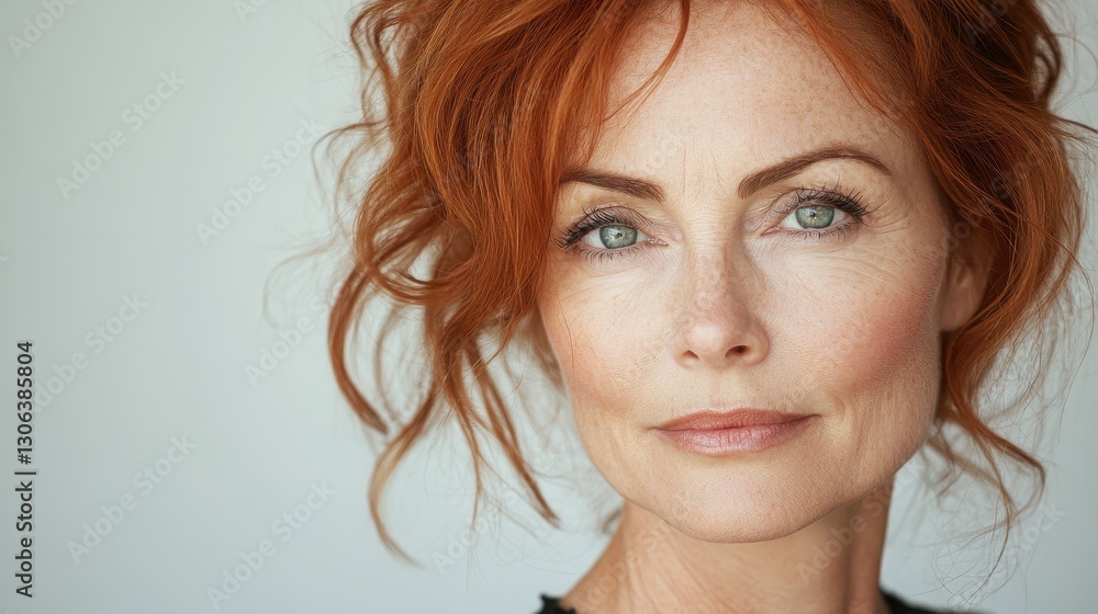 Portrait of mature caucasian female with red hair and green eyes Portrait of mature caucasian female with red hair and green eyes
