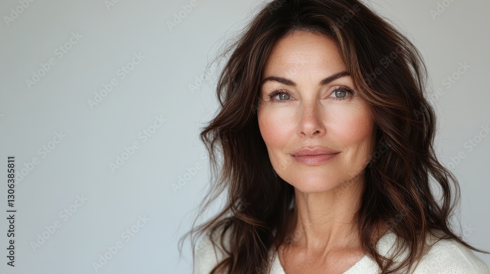 Mature caucasian female with long brown hair and green eyes smiling softly Mature caucasian female with long brown hair and green eyes smiling softly