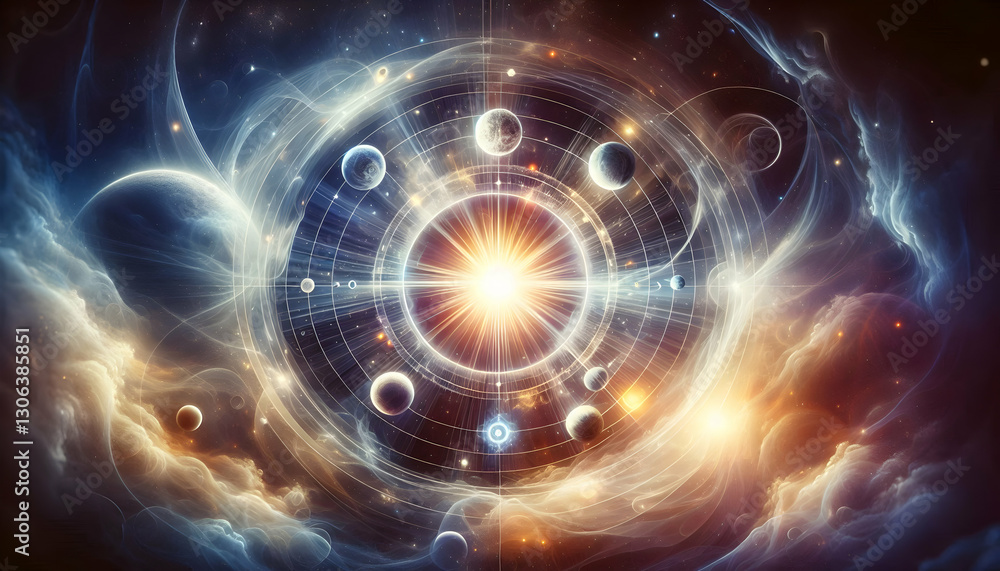 Fototapeta premium Law of attraction An ethereal depiction of a bright sun surrounded by planets, representing the balance of energy in t2