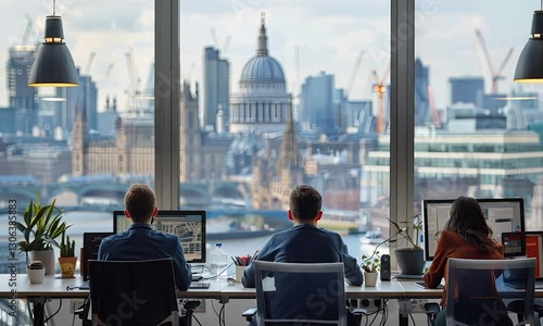Three workers face their computers at desks overlooking a stunning metropolitan cityscape during the day.