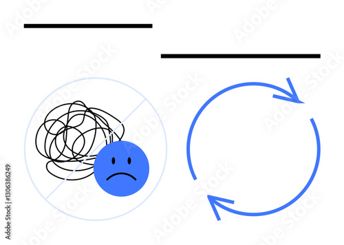 Tidy cycle with directional arrows contrasts chaotic scribbles with sad face, symbolizing transformation, progress, and emotional change. Ideal for growth, clarity, decision, improvement, process