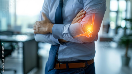 businessman with pain in elbow or spine, highlighted spinal arm.