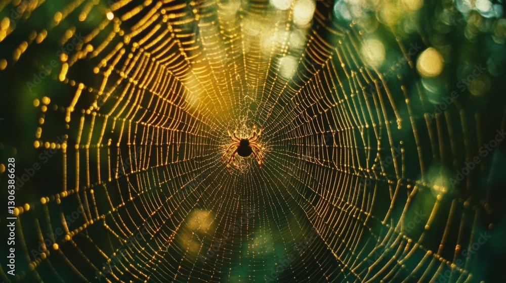 Close-up view of a spider web adorned with dew drops, set against a blurred green forest background Close-up view of a spider web adorned with dew drops, set against a blurred green forest background