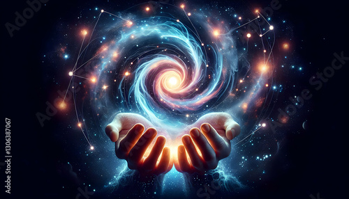 Law of attraction A pair of glowing hands cupped together, receiving cosmic light from a swirling galaxy, surrounded b4