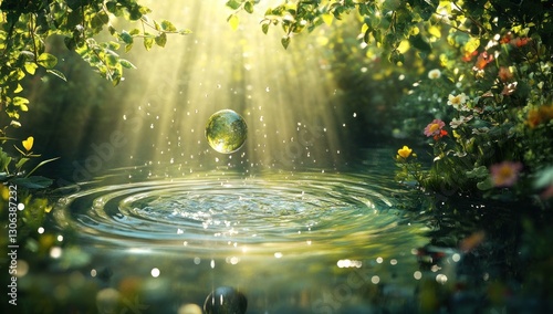 Wallpaper Mural Crystal clear sphere falling into tranquil pond amidst lush foliage, bathed in sunlight. Torontodigital.ca