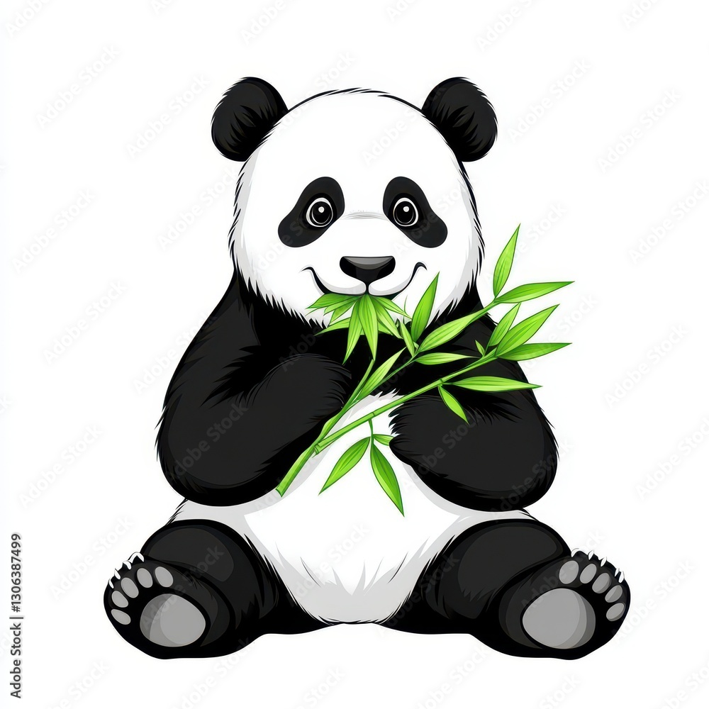 Obraz premium A cute cartoon panda happily munching on bamboo, sitting in a playful pose against a simple white background.