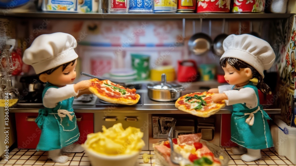 Miniature chefs preparing delicious pizzas in a cozy kitchen with vibrant decor and cheerful atmosphere Miniature chefs preparing delicious pizzas in a cozy kitchen with vibrant decor and cheerful atmosphere