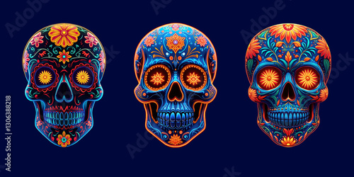 Colorful decorative skulls symbolizing the Day of the Dead festival with intricate floral patterns and vibrant colors