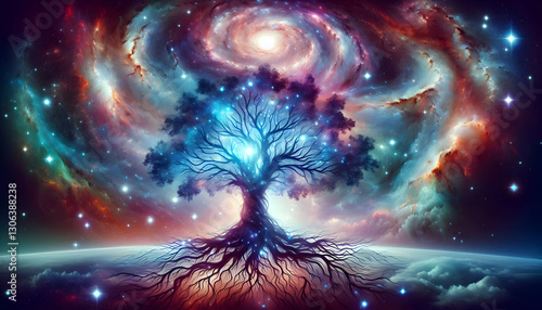 Law of attraction A majestic cosmic tree with roots deep in the universe, its branches reaching toward swirling galaxi4