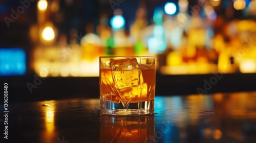 The cocktail sits elegantly in a glass, glistening under the warm bar lights. Surrounding the drink are colorful bottles, creating an inviting ambiance for after-hours enjoyment photo