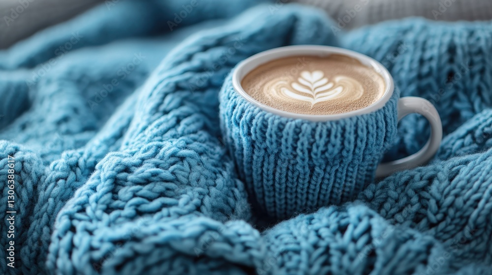 Cozy blue knit blanket with coffee cup and heart latte art Cozy blue knit blanket with coffee cup and heart latte art
