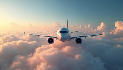 Front view of airliner flying above clouds. Commercial passenger airplane flight among cloudy sky at sunset. Modern aircraft during journey. Air travel is fast and comfortable.