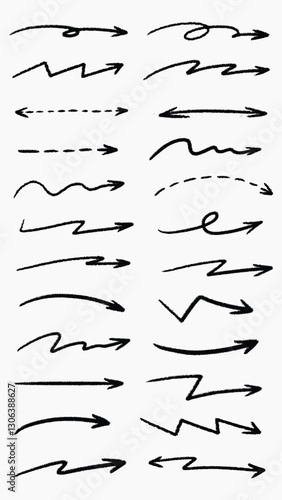 Set of simple lines hand drawn black arrows in various style. Set of simple of hand drawn black arrows. Set of simple lines hand drawn black arrows. Various of simple lines arrows collection