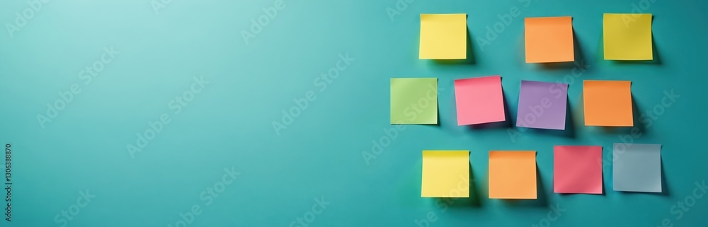 Colorful sticky notes arranged on blue background. Symbolize organization, creativity. Brainstorming ideas, mindfulness. Visual reminder, business schedule, teamwork engagement, planning discussion, Colorful sticky notes arranged on blue background. Symbolize organization, creativity. Brainstorming ideas, mindfulness. Visual reminder, business schedule, teamwork engagement, planning discussion,