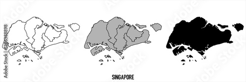 Singapore - set of black, solid black, grey outline border map of country area. Simple flat vector illustration.