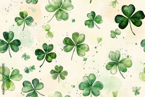 A vibrant pattern of green clovers on a soft, light background, evoking themes of luck and nature.