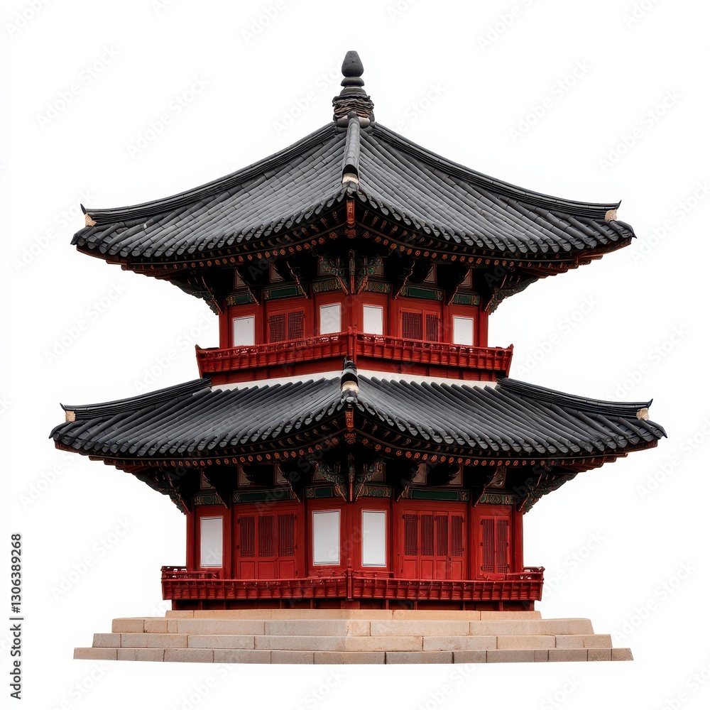 A traditional East Asian pagoda structure with a distinct layered roof, featuring red and wooden elements, showcasing cultural architecture and design. A traditional East Asian pagoda structure with a distinct layered roof, featuring red and wooden elements, showcasing cultural architecture and design.