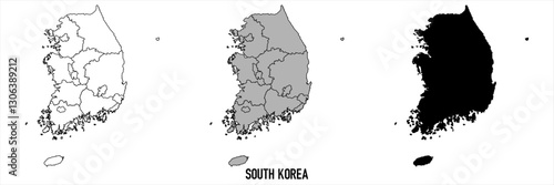 South Korea - set of black, solid black, grey outline border map of country area. Simple flat vector illustration.