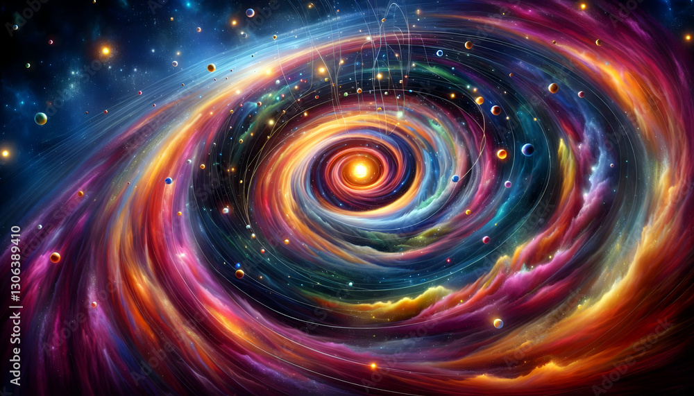 Law of attraction A cosmic whirlpool of vibrant colors pulling light and particles towards its dark center, illustrati1 Law of attraction A cosmic whirlpool of vibrant colors pulling light and particles towards its dark center, illustrati1