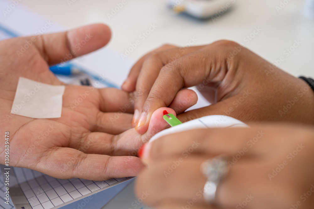 Close-up of a medical professional performing a blood sugar test using a glucometer on a patient’s fingertip. A drop of blood is collected for diabetes screening and health monitoring. Close-up of a medical professional performing a blood sugar test using a glucometer on a patient’s fingertip. A drop of blood is collected for diabetes screening and health monitoring.