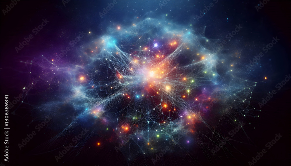 Law of attraction A cosmic, web-like structure with glowing, interconnected threads in various colors, set against a d4 Law of attraction A cosmic, web-like structure with glowing, interconnected threads in various colors, set against a d4
