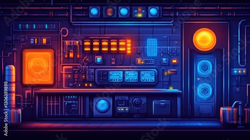 A futuristic technological control panel with glowing blue and orange lights