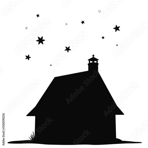 Silhouette of a small house under a starry sky, peaceful night scene