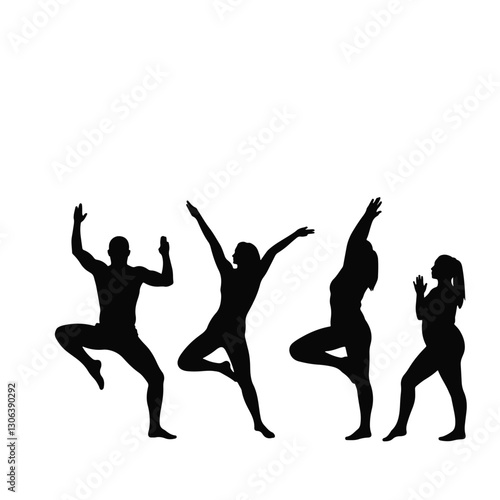 Dynamic yoga silhouettes on white background, harmony in movement