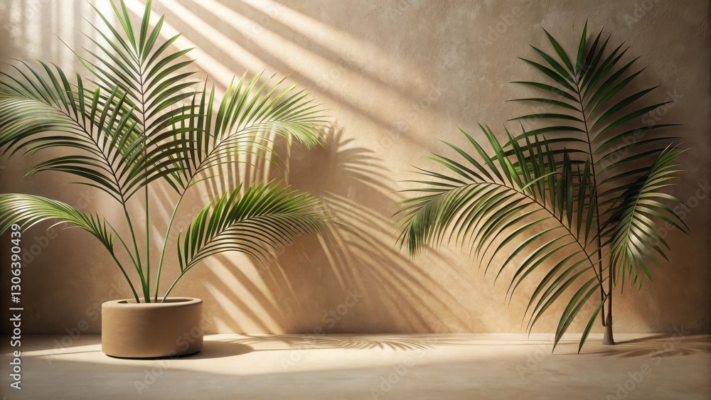 Fototapeta premium Serene indoor scene featuring potted tropical plants bathed in sunlight against a neutral backdrop