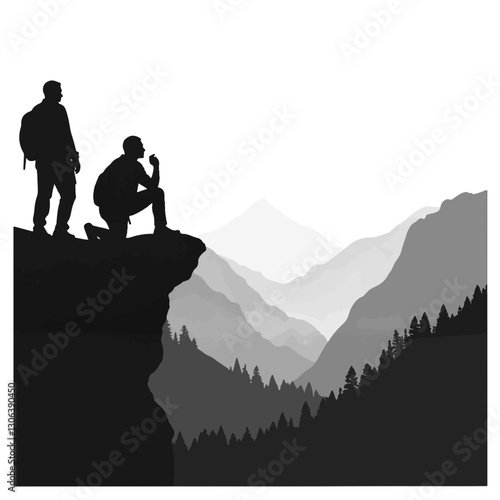 Admiring mountain valley silhouette at cliff edge, exploration spirit