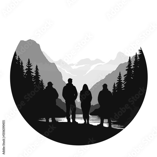 Silhouettes admiring mountain valley at dusk, nature exploration
