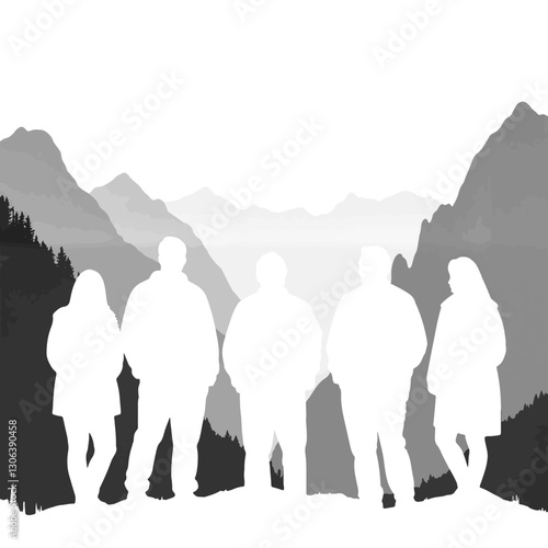Group silhouette admiring mountain vista, nature's beauty