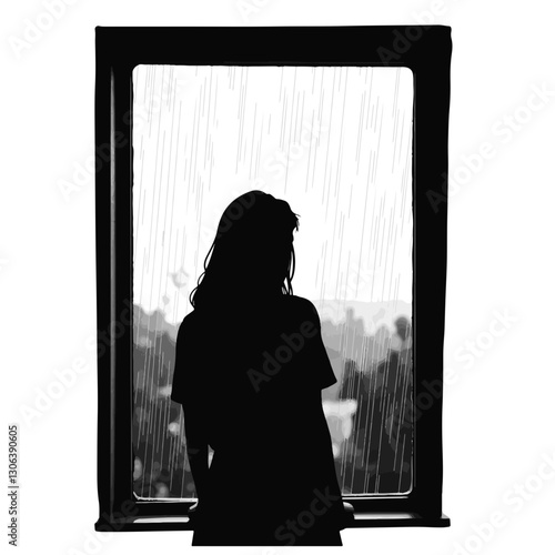 Silhouette of a person gazing out a rainy window, introspective mood