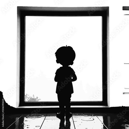 Child silhouette gazing out window on rainy day, reflection and longing