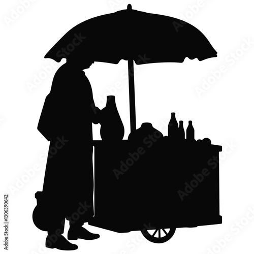 Silhouette of a street vendor selling goods at market, commerce spirit