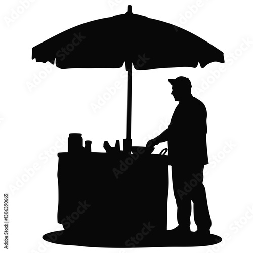Silhouette of street vendor preparing food under umbrella, urban market